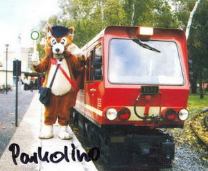 Bild Parkolino, das Maskottchen der Parkeisenbahn und Elektroakkulok EA02 im Jahr 1998